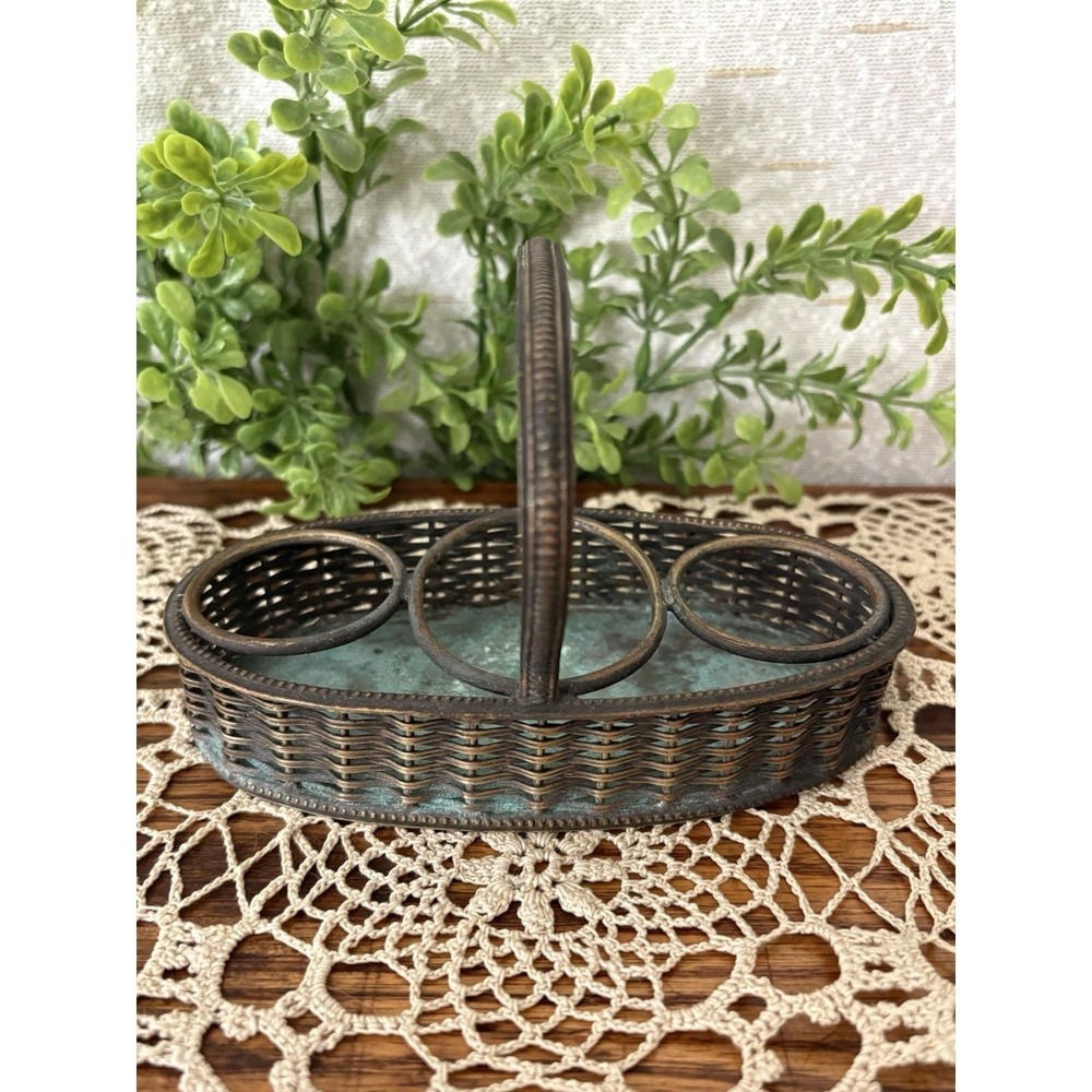 Vintage Silverplate Cruet Stand Woven Basket Condiment Caddy 3 Bottle Holder